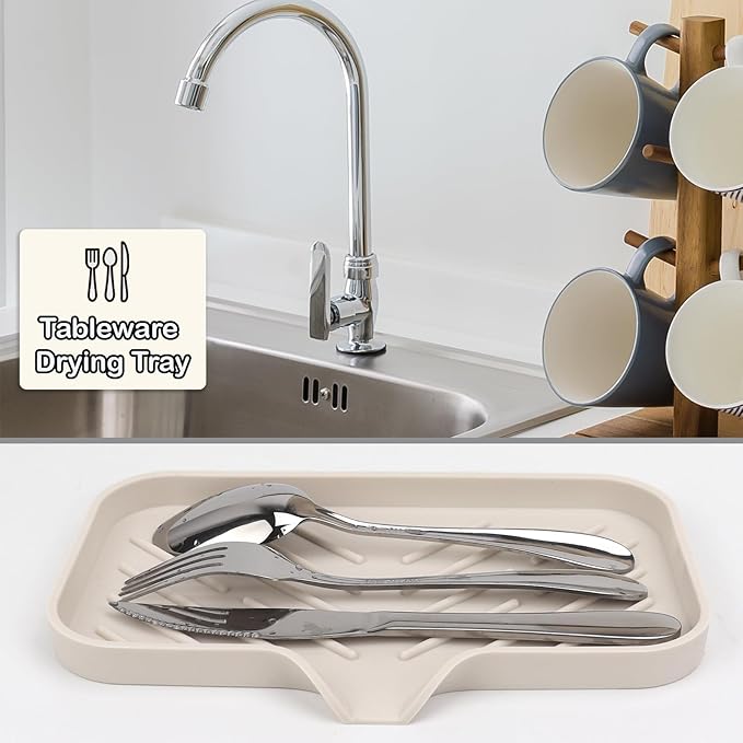 YASMEN Silicone Bathroom Soap Dishes, Sink Sponge Holder for Kitchen, Rubber Soap Dish with Drain, Shower Soap Sponge Tray, Sink or Counter Organizer, for Bar Soap, Bottle, Dish Soap Dispenser-Tapioca