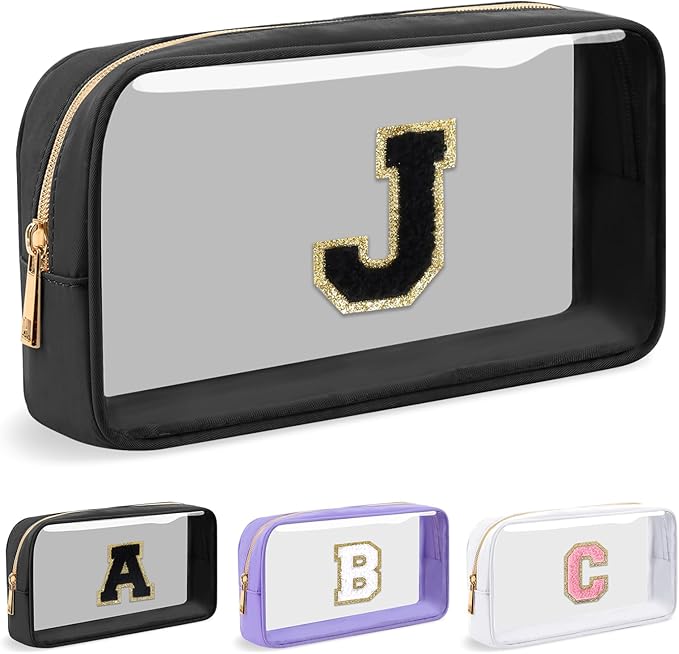 Personalized Initial Letter Clear Makeup Bag, Preppy Small Nylon & PVC Cosmetic Zipper Bag with Chenille Letter, Travel Skincare Toiletry Bag, Monogram Christmas Gift for Teen Girls Women, J