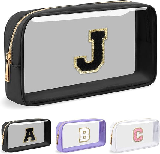 Personalized Initial Letter Clear Makeup Bag, Preppy Small Nylon & PVC Cosmetic Zipper Bag with Chenille Letter, Travel Skincare Toiletry Bag, Monogram Christmas Gift for Teen Girls Women, J