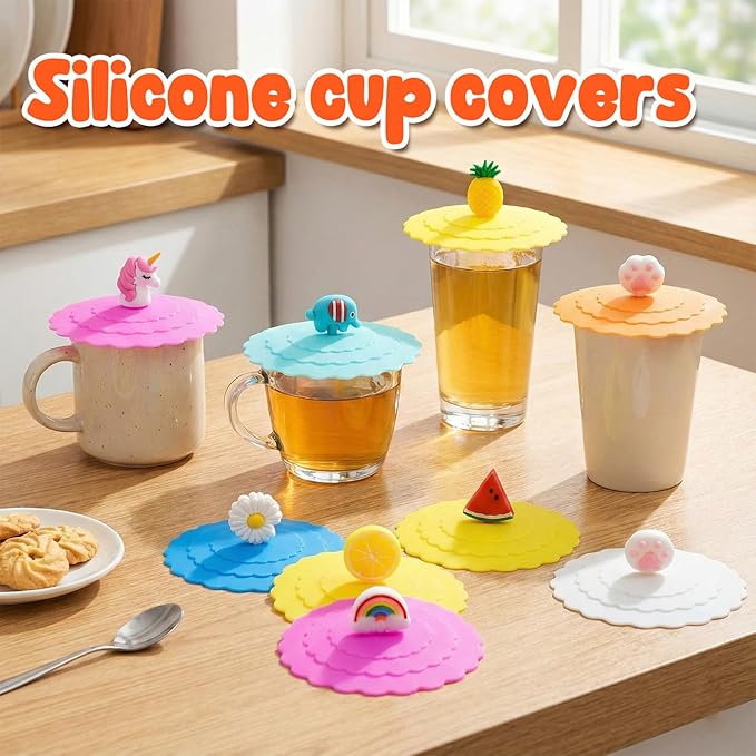 8PCS Silicone Cup Lids Mug Cover, Colorful Food Grade Anti-dust Airtight Seal Lids with Fun Handle Design, Reusable Cute Silicone Cup Covers for Tea Cups Coffee Cups (Style 1)
