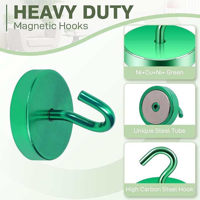 Neosmuk Magnetic Hooks, Cruise Ship Essentials, 100lb+ Heavy Duty Magnetic Hooks for Cruise Cabins, Refrigerator, Grill, Hanging, and Travel | Extra Strong Must-Have Magnet Hooks, Green, Pack of 20
