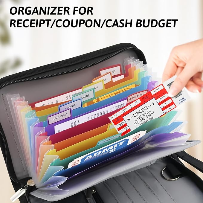 Receipt Coupon Organizer,13 Pocket Mini Accordion File Organizer with Card Holder,Expandable Ticket Storage & Card Case with Sticky Label,for Purse,Home,Car Glovebox,Zipper Closure,8.4 x 5.3in