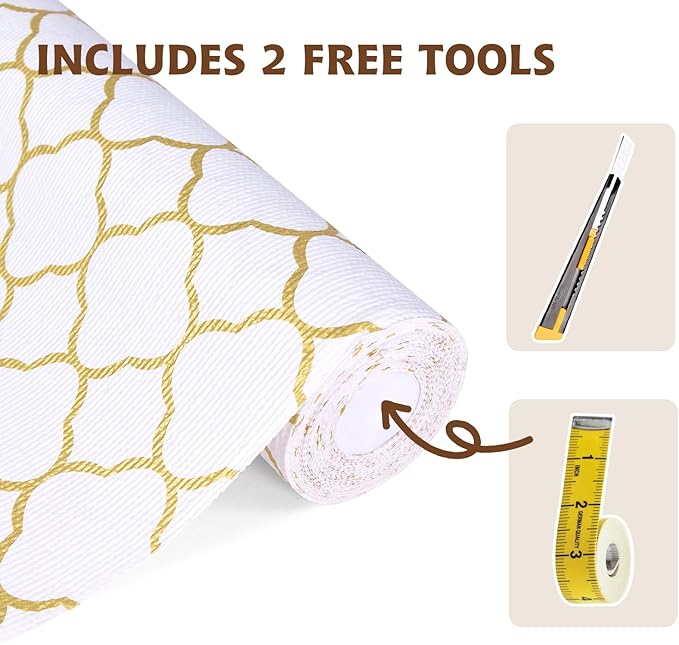 Shelf Liners for Kitchen Cabinets 12in x 20FT Non Adhesive Drawer Liner Gold Quatrefoil Thickened Shelf Liner Paper Strong Non-Slip Easy to Clean for Tool Box Refrigerator with Knife and Tape Measure