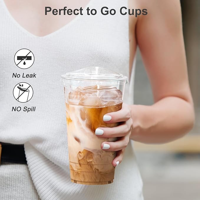 Dealusy 100 Pack - 24 oz Clear Plastic Cups with Lids, Sturdy & Food Safe Iced Coffee Cups with lids, Disposable Plastic Smoothie Cups for Cold Drinks, Sip Lids