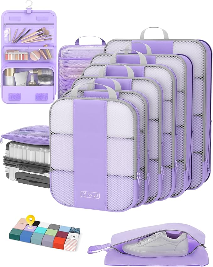 10 Set Compression Packing Cubes for Travel Essentials, Compressible Expandable Packing Cubes for Suitcase, OlarHike Luggage Organizer Bags for Travel, Handy Helper for Organizing Clothes (Light Purple)