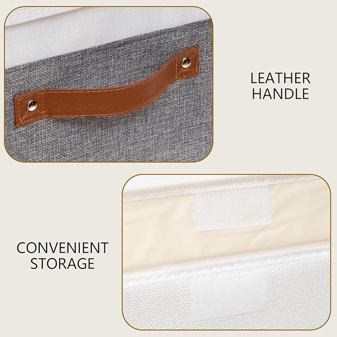 Yawinhe Storage Bins with Lids, Fabric Foldable Boxes, Washable and Leather Handle, Cube Organizer Basket for Home, Closet, White/Grey, 17.7''Lx11.8''Wx11.8''H, 3-Pack, USNK024WGX-3