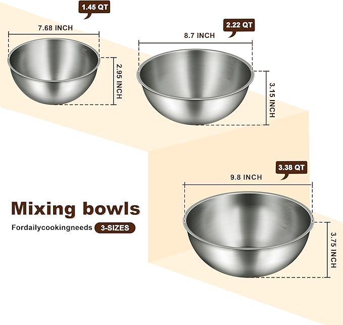 Gronivex Metal Mixing Bowls, 304 Stainless Steel, Set of 3 (1.5, 2.2 & 3.4 Qt) – Thicker-Gauge, Stackable Nesting & Space-Saving – Classic Everyday Bowls for Baking, Salad Prep & Cooking