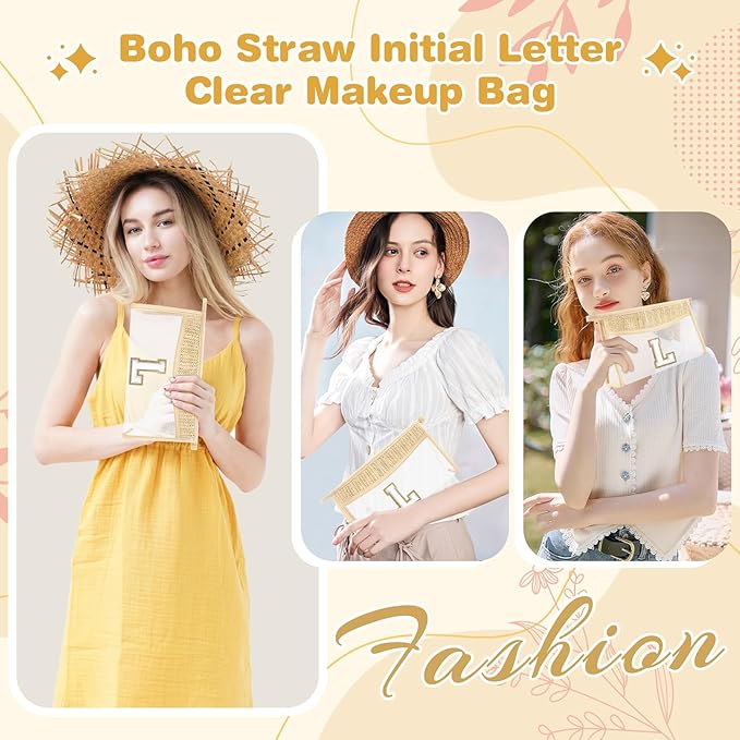 Personalized Initial Letter Bag Boho Straw Clear Makeup Bag, Small Cute Chenille Varsity Letter Bag With Zipper, Beach Travel Toiletry Bag, Portable Monogrammed Cosmetic Bag for Women Girls, L