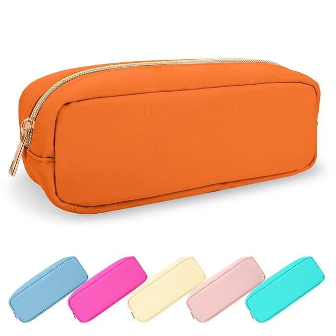 Small Pencil Case Makeup Bag for Purse, Cute Pencil Pouch Preppy Nylon Makeup Brush Bag with Zipper, Girls Portable Stationery Storage Case Small Pen Bag for Office School College (Slim-Peach)