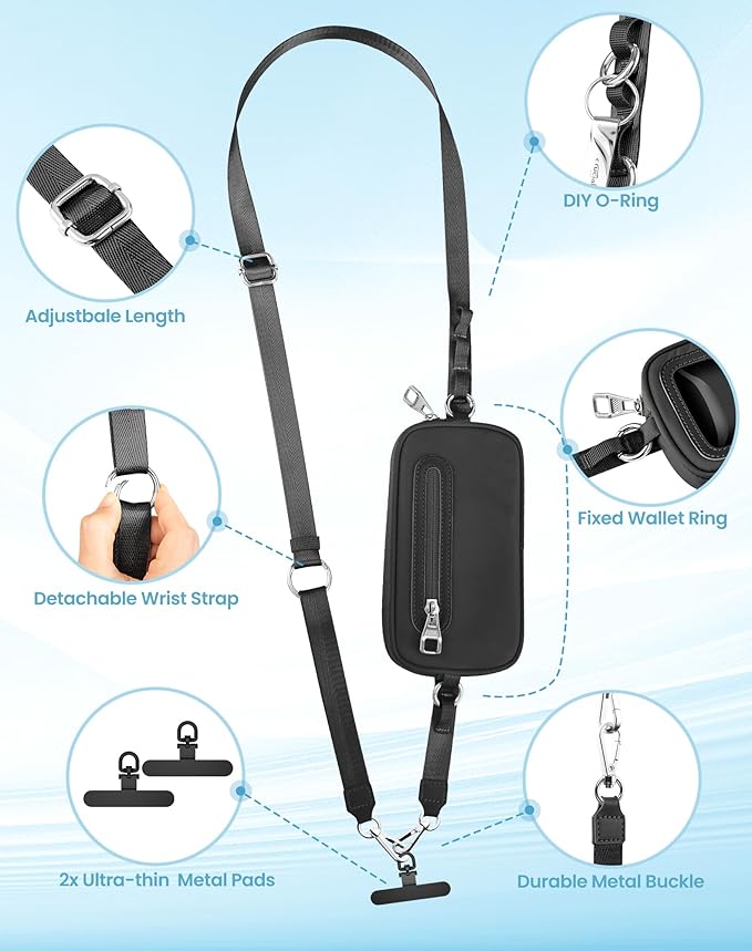 Clip and Go Strap for Phone with Wallet Crossbody, Adjustable Neck Lanyard, Detachable Wristlet Wallet with Zipper Phone Screen ID Window, 2x Tether Tabs Compatibe for iPhone & Most Cellphones Black