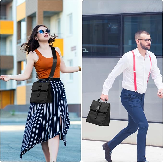 Insulated Foldable Lunch Bag - Lightweight Portable with Adjustable Shoulder Strap Lunch Box for Men, Women, Office, Work, Picnic, Hiking and Beach (Black (Soft Fabric))
