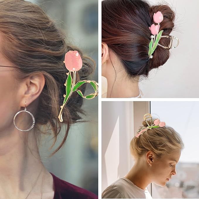 3-Piece Floral Metal Hair Clips, 3-Style Tulip Claw Clamps for Thin/Medium Thick Hair, Elegant Barrettes with Strong Hold and Non-Slip Cute Accessories