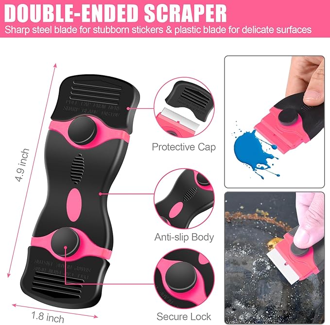 NECAMOCU 4 Pack Razor Blade Scraper, Premium Cleaning Scraper Tool with 50 PCS Metal & Plastic Razor Blades, Multi-Purpose Glass Scraper for Windows, Sticker, Decals, Cooktop, Paint Removal (Pink)