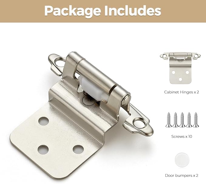 2 Pack 1 Pair Brushed Nickel Cabinet Hinges - 3/8 inch Inset Kitchen Cabinet Hinges, Semi-Concealed Hinges, Self Closing Cabinet Door Hinges with Door Bumper Flush Face Mount Cupboard Hardware