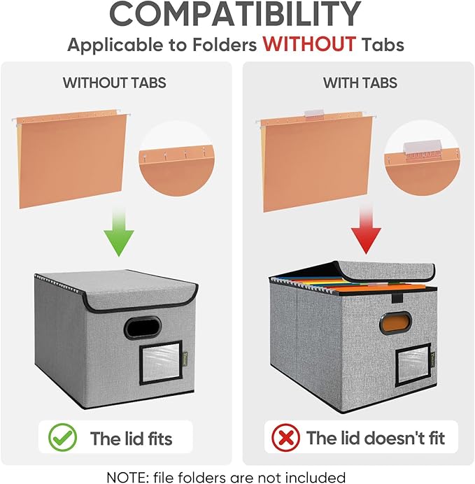 BALEINE File Organizer Box with Lid, Collapsible File Folder Organizer with Plastic Slide, Hanging File Folder Box for Office Document Storage (2 Pack, Gray)