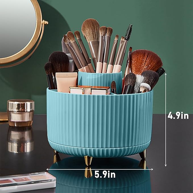 Diesisa 360 Rotating Makeup Brush Organizer With 5 Sections, Spinning Countertop Swivel Makeup Brush Holder for Cosmetics, Nail Polish, Art Supply, Bathroom Vanity Desktop Organizer - Blue
