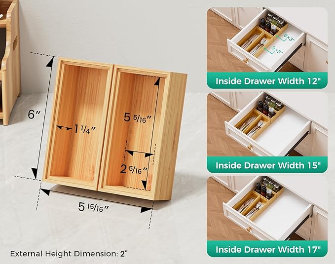 Small Bamboo Kitchen Drawer Organizer Boxes – 6" x 3" Stackable Wood Silverware Utensil Tray for Drawers Bins Cutlery & Flatware Storage – Wooden Organizers Set of 2 for Junk Drawer, Bathroom, Rv