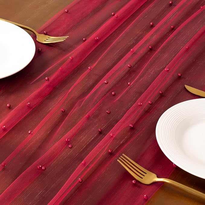 Socomi Pearl Table Runner Tulle Summer Cheesecloth 10FT Gauze Cheese Cloth Sheer Chiffon Wedding Birthday Party Baby Shower Bridal Anniversary Holiday Centerpiece Table Decor 3pcs Red