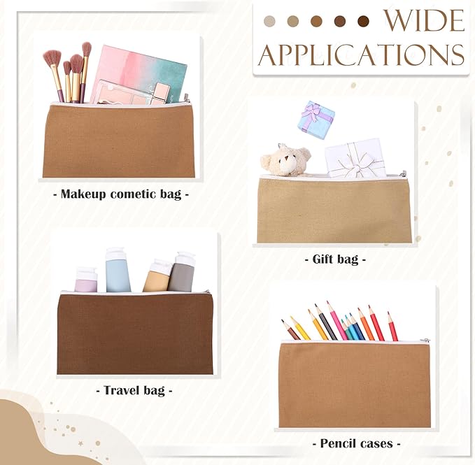 Reginary 10 Pcs Valentines Canvas Makeup Bags Bulk for Women Travel Toiletry Cosmetics Bags Blank DIY Pencil Pouch, Gift for Valentines Patrick's Day Wedding Bridal Shower Coworker(Brown)