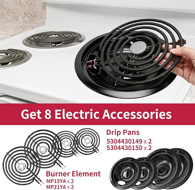 MP22YA Electric Stove Burner Element Replacement Set & 5304430149 5304430150 4 Pack Black Drip Pans - Perfectly Fit Frigi-daire Ken-more Cros-ley Tap-pan Electric Range Stove Top