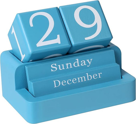 Wooden Block Calendar for Desk, Daily Desktop Perpetual Desk Calendar, Modern Farmhouse Aesthetic Desk Accessories for Home Office Decor, Teacher, Classroom, Reusable Yearly, Blue