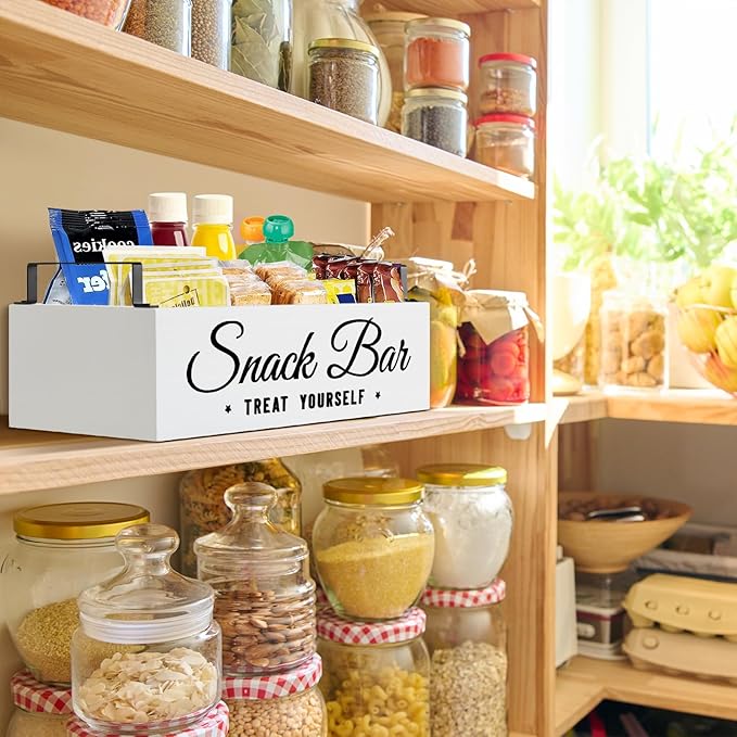 Snack Organizer for Countertop, Wood Pantry Storage Bins with Handles, Snack Bar Organizer for Pantry Shelf, Kitchen, 4 Compartment Food Container Snack Box, Pantry Organizer for Snacks, Chips (White)