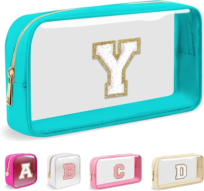 Small Clear Personalized Initial Makeup Bag, Preppy A-Z Chenille Letter Patch Cosmetic Bag, Cute Transparent Nylon Waterproof Zipper Beach Varsity Letter Pouch, Gift for Women Girls(Cyan-White Y)