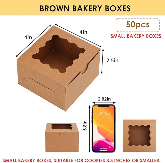 Moretoes 50pcs Cookie Boxes with Window, 4x4x2.5 Inches Brown Bakery Boxes Pastry Container for Small Cookies, Treats and Desserts