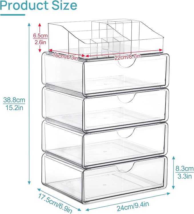 Vtopmart 5 Tier Clear Makeup Organizer with Drawer, Cosmetic Storage for Dresser Countertop and Bathroom Vanity, Beauty Holder for Lipstick Brush Skincare