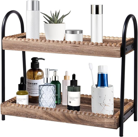 Bathroom Countertop Organizer, 2-Tier Vanity Organizer and Storage for Cosmetics Skincare Perfume, Wood Bead Storage Shelf for Bathroom Kitchen Coffee Station