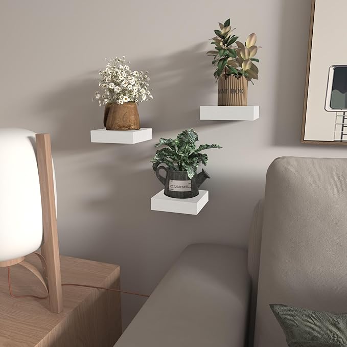 Small Floating Shelves for Wall - 4 Inch Mini Square White Shelves for Bedroom, Living Room, Bathroom, Kitchen, Office Decor Set of 3
