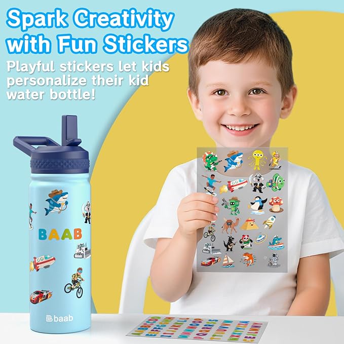 baab 18oz Kids Water Bottle, Insulated Water Bottle with Straw & Stickers, 18/8 Stainless Steel Vacuum Leakproof Kids Water Straw Cup for School, Perfect for Boy Girl (Light Blue, 1 Pack)