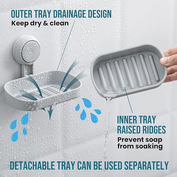 TAILI Soap Dish Bar Holder Suction Cup, SoapSaver with Powerful Vacuum Suction, Sponge Holder for Shower, Bathroom, Tub and Kitchen Sink, Universal Shower Accessories, Drill-Free, Removable, 2 Pack, Grey