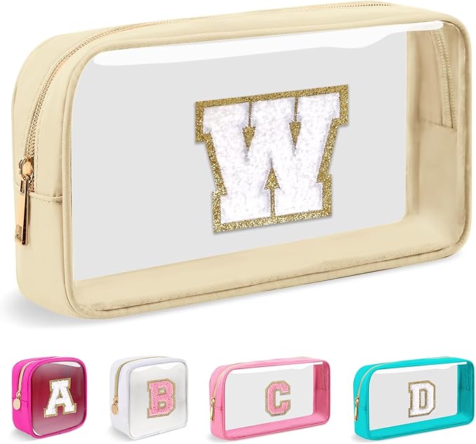 Small Clear Personalized Initial Makeup Bag, Preppy A-Z Chenille Letter Patch Cosmetic Bag, Cute Transparent Nylon Waterproof Zipper Beach Varsity Letter Pouch, Gift for Women Girls(Beige-White W)