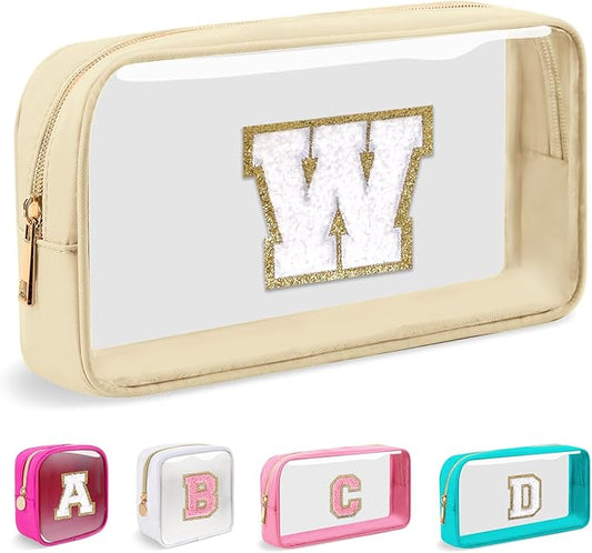 Small Clear Personalized Initial Makeup Bag, Preppy A-Z Chenille Letter Patch Cosmetic Bag, Cute Transparent Nylon Waterproof Zipper Beach Varsity Letter Pouch, Gift for Women Girls(Beige-White W)