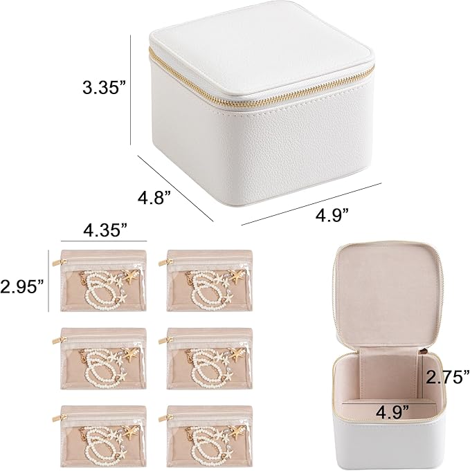 Frebeauty Small Travel Jewelry Box,Travel Jewelry Case with 6 Pouch Bags,Portable Travel Jewelry Organizer,Mini Jewelry Storage,3.35 x 4.9 x 4.8 Inches,Gift Idea for Women Girls (White)