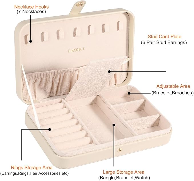 LANDICI Small Jewelry Box for Women Girls, PU Leather Travel Jewelry Case, Portable Jewelry Organizer Storage Holder Display for Ring Earrings Necklace Bracelet Brooch Men Kids Gift, Apricot