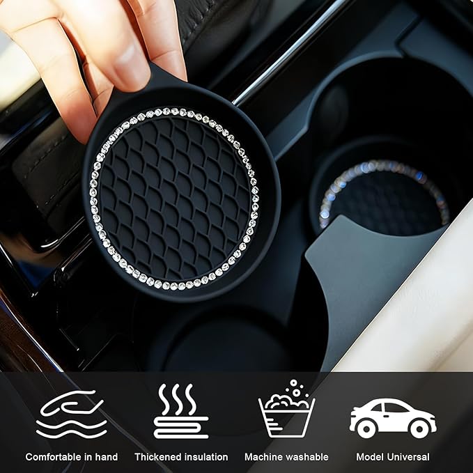 Bling Car Cup Holder Coaster, Anti-Slip Rhinestone Cup Holder Insert (4 Pack) with Push Start Button Ring (2 Pack), Shiny Diamond Car Interior Accessories, Universal for Most Vehicle (Black)