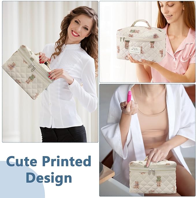 Large Makeup Bag, Cute Cosmetic Bag for Women Girls, Floral Coquette Aesthetic Toiletry Bag, Travel Make Up Organizer Bag (White-Bear)