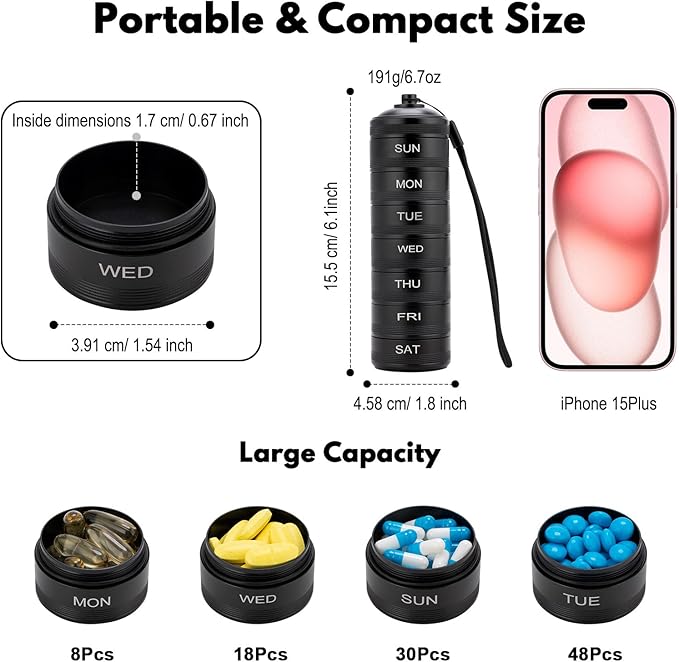 Pill Organizer Weekly Metal Travel Pill Box Waterproof - 7 Day Large Aluminum Alloy Pill Container, Portable Daily Pill Case for Vitamin, Medicine, Supplement, Fish Oil
