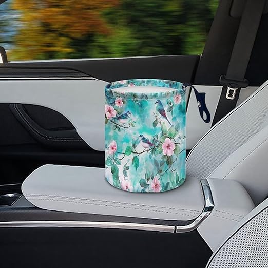 Panskyllis Green Hummingbird Car Trash Bin Garbage Can Leak Proof Waste Basket Container Bag Bin Portable Cup Holder Organizer with Strap Universal Storage Bag Box for Auto, Car, Camping, Travelling