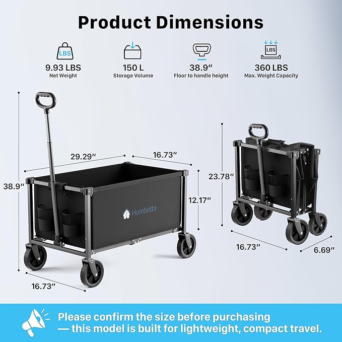 Collapsible Wagon Cart with Wheels, 150L Lightweight Foldable Utility Cart, Portable Rolling Wagon for Garden, Shopping, Sports, Camping, Transport, Black