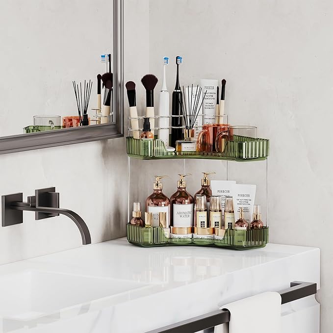 2-Tier Corner Bathroom Counter Organizer with Top Toothbrush Holders,Large Makeup Organizer Countertop with Brush Holder,Skincare Organizers Corner,Exquisite Vanity Organizer(Green, 2 Tier)