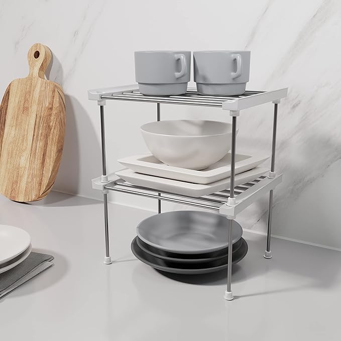 carrotez Cabinet Organizer Shelf, Set of 2 Stackable Kitchen Counter Shelves, Kitchen Cabinet Organizers and Storage, Pantry Storage Shelf Organizer, 9.8 x 7.8 x 6.1 - White