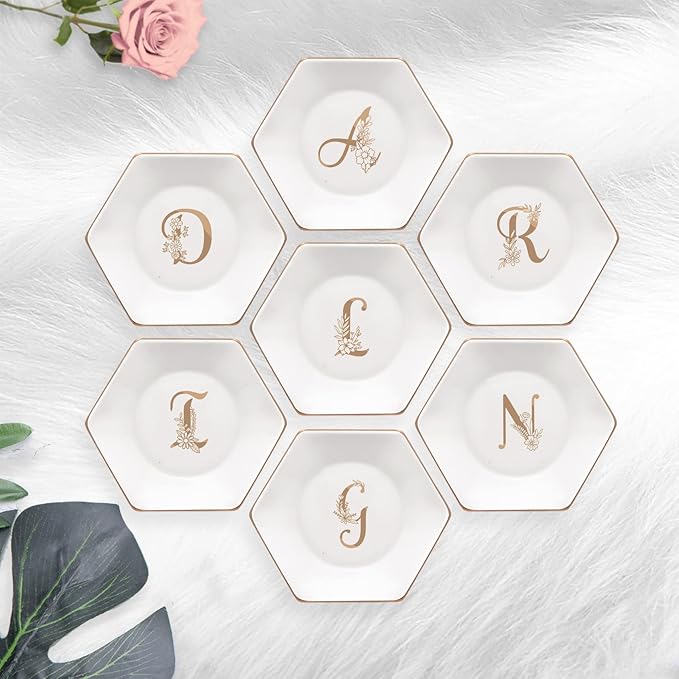 CARAKNOTS Ceramic Jewelry Tray Decorative Ring Dish for Her Birthday Engagement Christmas Gifts for Women Monogrammed Jewelry Dish for Rings Earrings Necklace Personalized Trinket Plate White Letter W