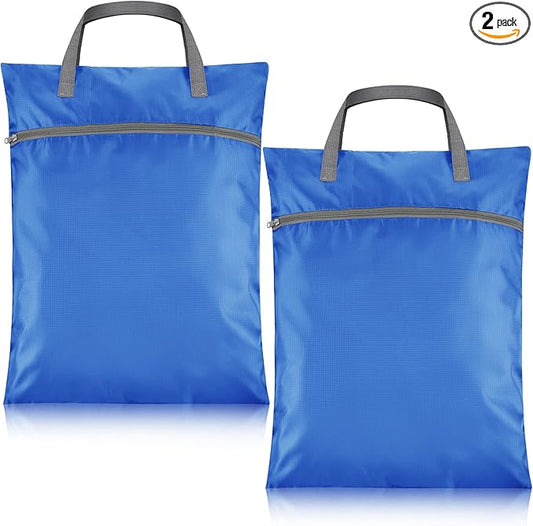2 Pcs Travel Laundry Bags Waterproof with Handle Dirty Clothes Bag for Traveling Hanging Laundry Hamper with Two Zippered Pockets Washable Reusable for Sports Home Travel College Dorm (Blue)