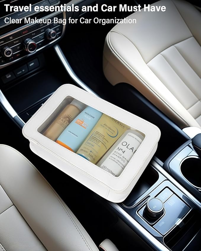 Clear Makeup Bag, Travel Cosmetic Case Toiletry Bag Make up Organizer Skincare Pouch for Women, Car Essentials Bag with Clear Windows (White, Standard)