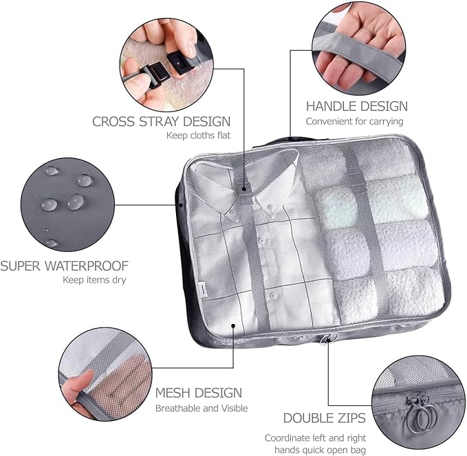 6 Set Packing Cubes for Travel, Luggage Organizers with Shoe & Toiletry Bags, Lightweight Suitcase Organizer for Carry-On, Washable Laundry Bags(Grey)