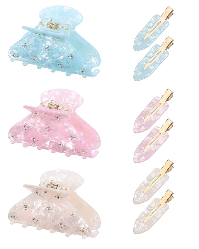 6PCS Acrylic Marbled Hair Claw Clips - Include No Bend No Crease Hair Clips and Medium Rhinestone Claw Clip, Cute Stylish Hair Accessories for Women Makeup, Strong Hold Non Slip for Thick Thin Hair