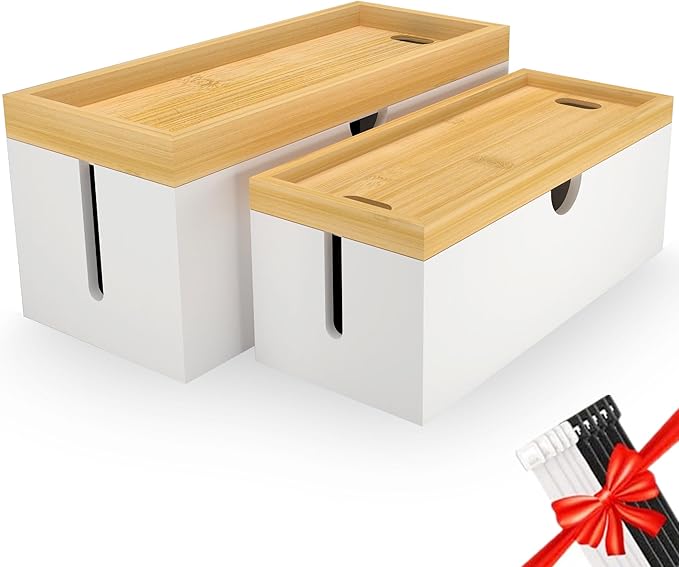 Bamboo Cable Management Box, Large Cord Organizer Box Cable Box to Hide Wires & Power Strips for Desktop Storage Cord Holder for Office Home, No Assembly Required